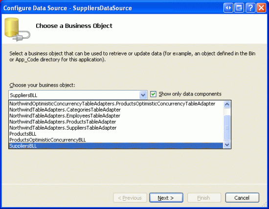 Screenshot of the Configure Data Source - SuppliersDataSource window with the business object dropdown menu open. SuppliersBLL is selected and the Next button is highlighted.