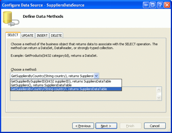 Screenshot of the Configure Data Source - SuppliersDataSource window on the SELECT tab with the method dropdown menu open. The method option GetSupplierByCountry is selected and the Next button is highlighted.