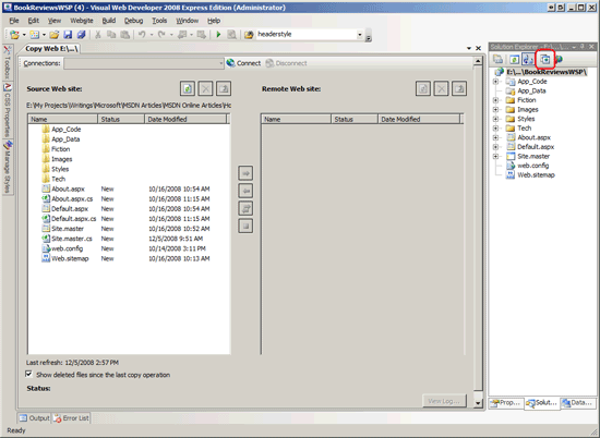 The Copy Web Site Tool's User Interface is Divided Into Two Panes