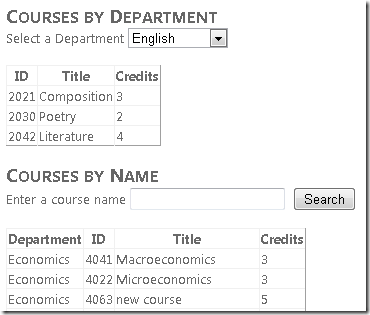 Screenshot of the Internet Explorer window, which is showing the Courses by Department and Courses by Name views.