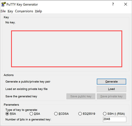 PuTTY Key Generator con un cuadro de claves en blanco