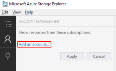 Captura de pantalla que muestra cómo agregar una cuenta en Explorador de Storage.