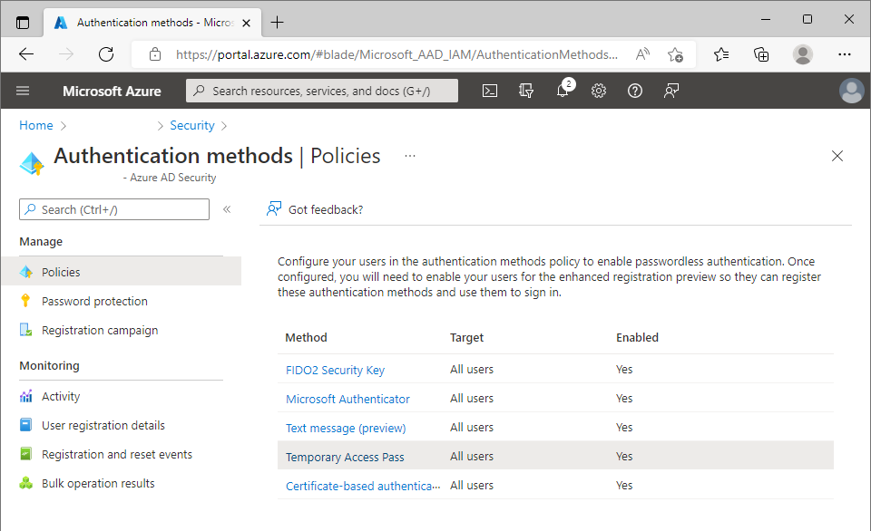 Screenshot of how to manage Temporary Access Pass within the authentication method policy experience.