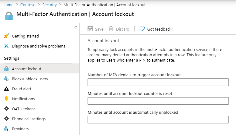 Screenshot that shows the account lockout settings in the Azure portal.