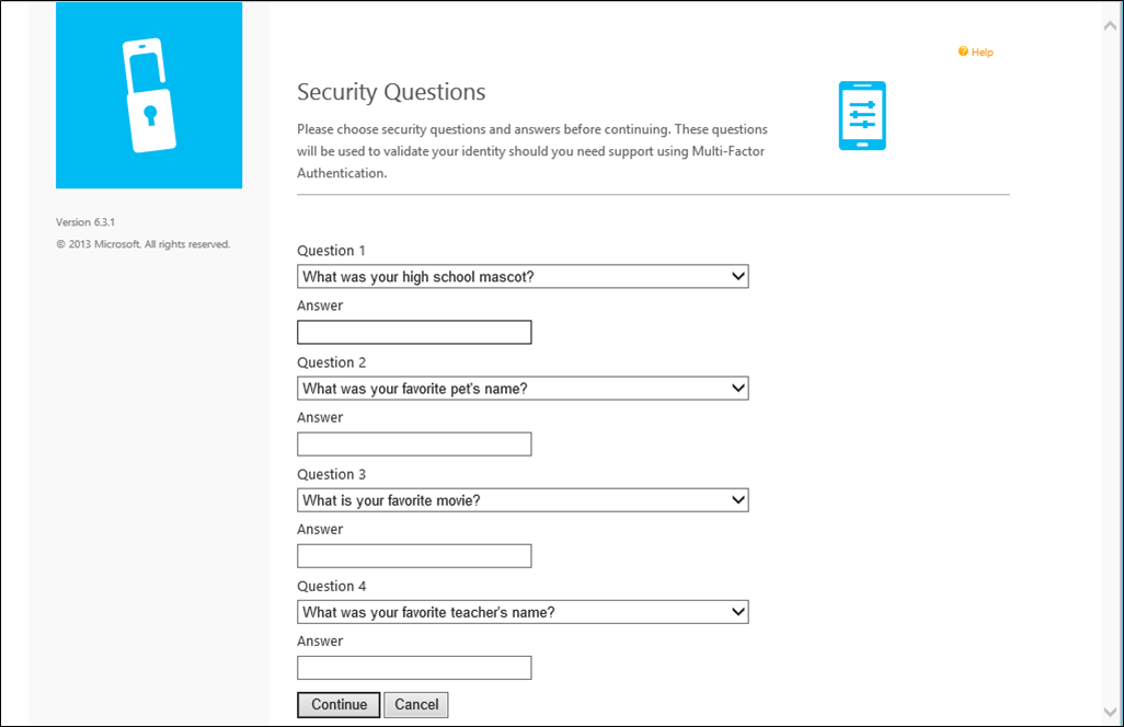 User portal security questions