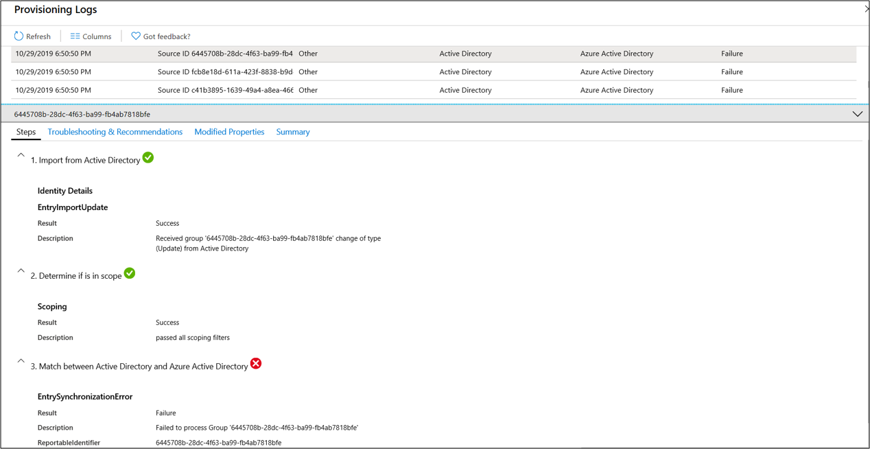 Captura de pantalla que muestra la información de lista desplegable de registros de aprovisionamiento.