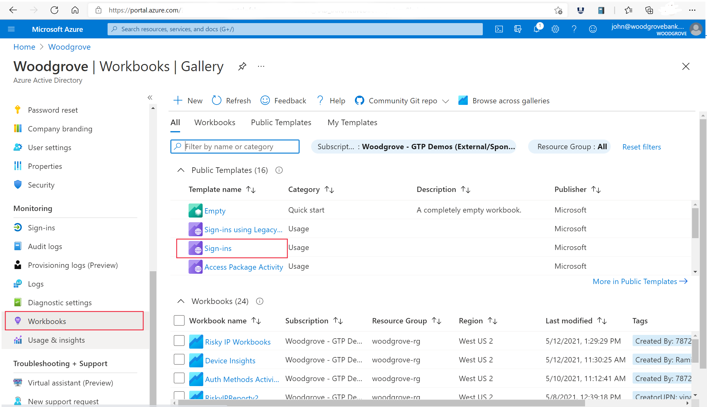 Captura de pantalla de la interfaz de libros del portal de Azure Active Directory con el libro de inicios de sesión resaltado.