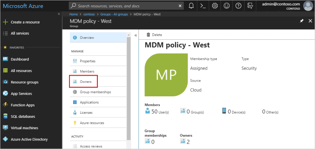 MDM policy - West Overview page with Owners option highlighted