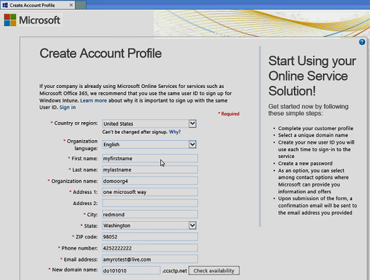 Captura de pantalla de la página Crear perfil de cuenta, con información de ejemplo.