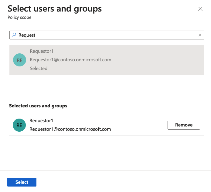New access package - Requests tab - Select users and groups