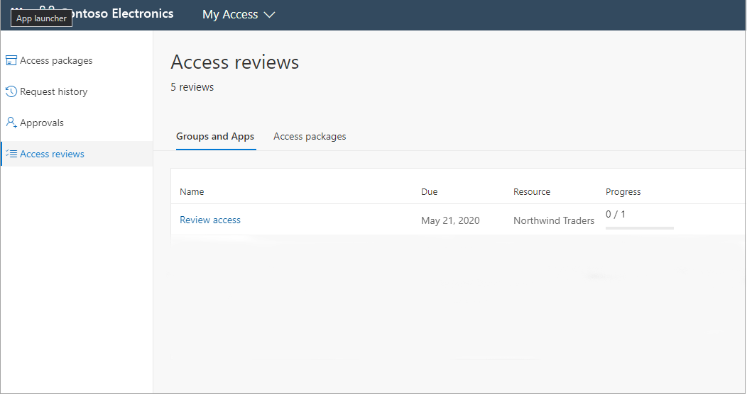 Screenshot that shows a pending access reviews list for apps and groups.