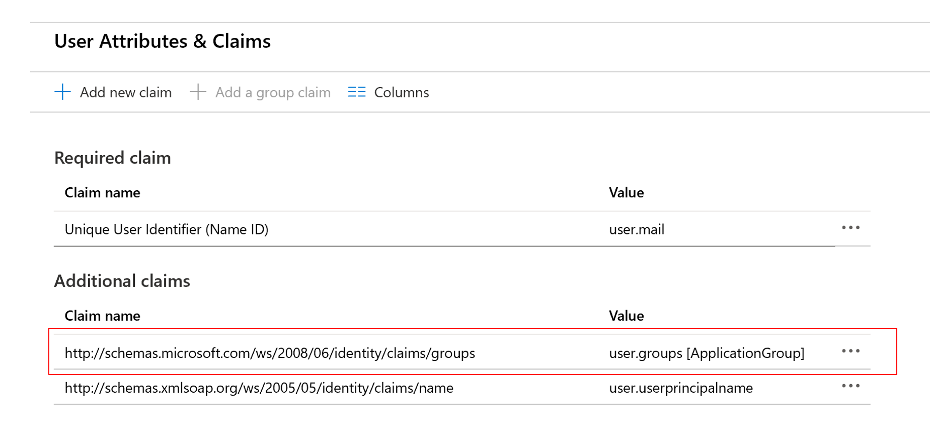 Screenshot of the area for user attributes and claims, with the name of a group claim highlighted.