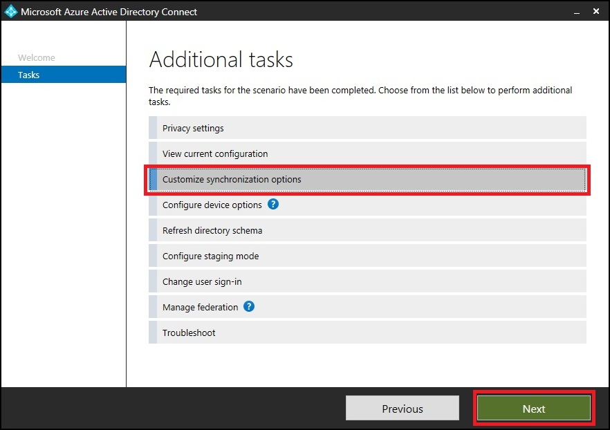Microsoft Entra Connect additional tasks options
