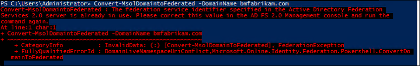 Captura de pantalla que muestra un error de federación en PowerShell después de intentar convertir un nuevo dominio con el comando 