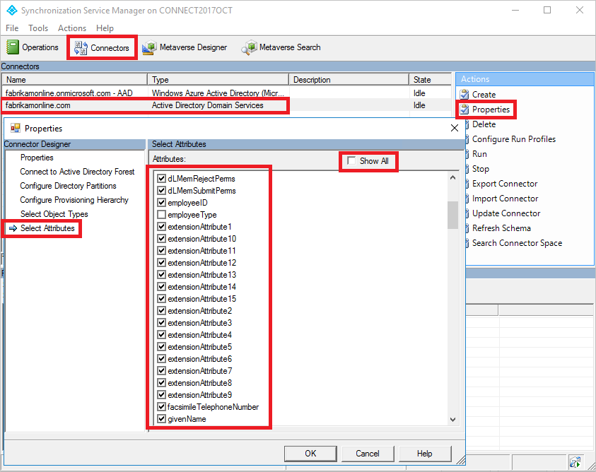 Captura de pantalla que muestra los cuadros de diálogo Synchronization Service Manager y Propiedades con la lista 