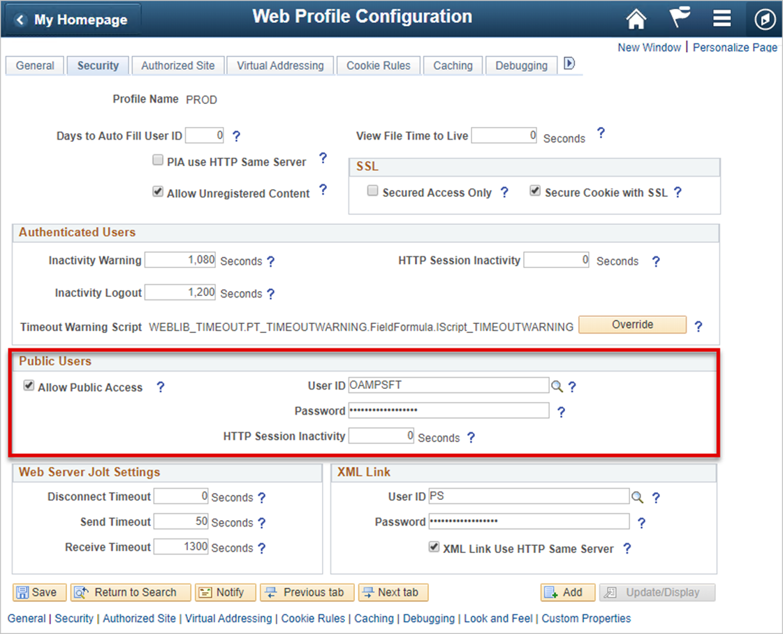 Screenshot for Web Profile configuration