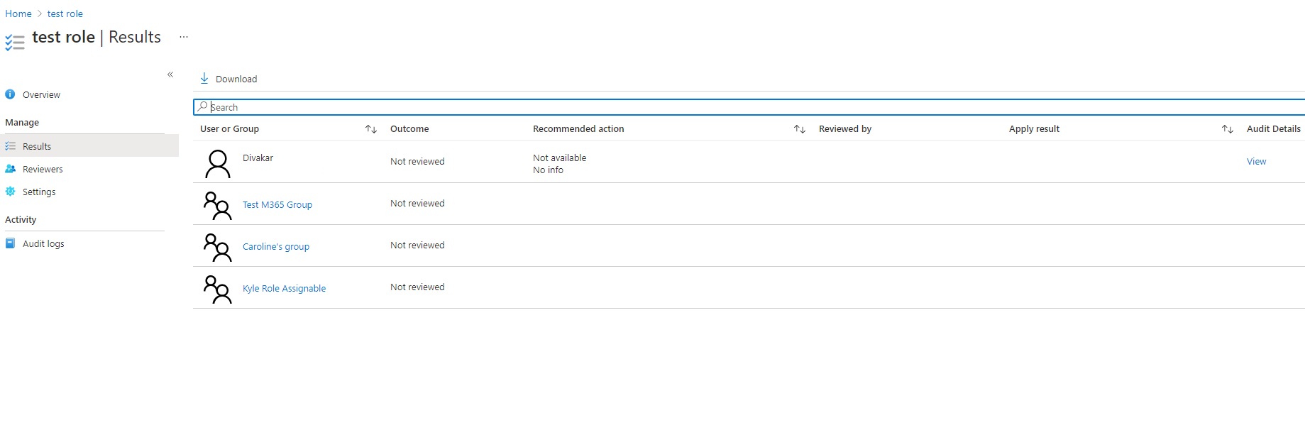 Results page listing users, outcome, reason, reviewed by, applied by, and apply result for Azure AD roles screenshot.