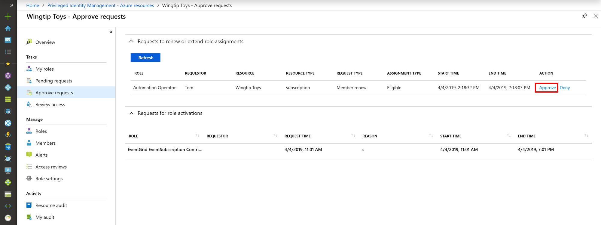 Captura de pantalla de los recursos de Azure: página de aprobación de solicitudes que muestra solicitudes y vínculos para aprobar o denegar.