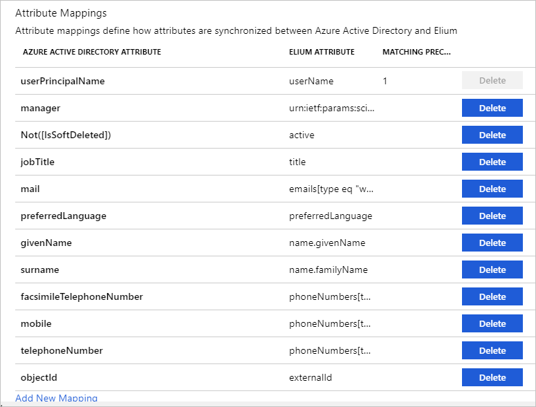 Attribute mappings between Microsoft Entra ID and Elium