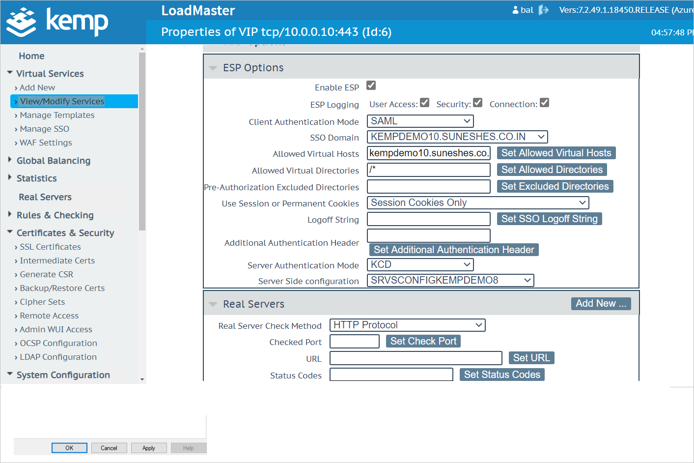 Kemp LoadMaster Microsoft Entra integration webserver