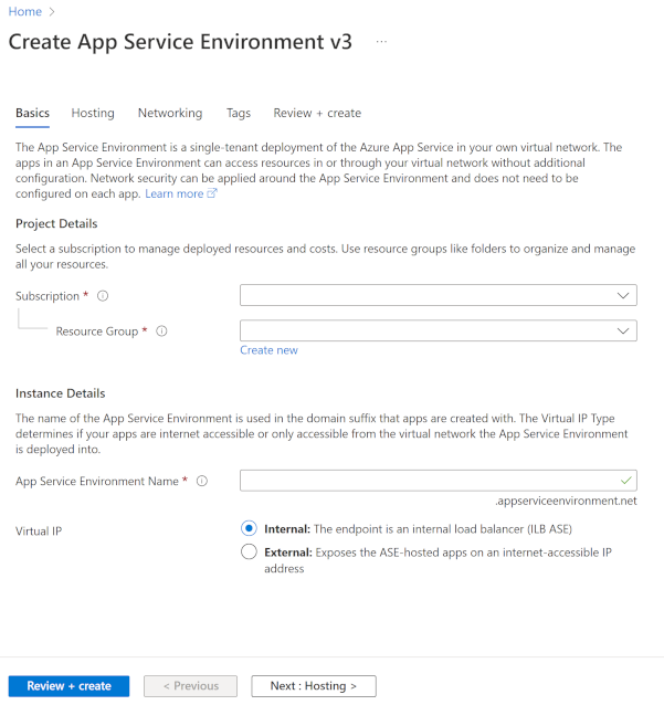 Screenshot that shows the App Service Environment basics tab.