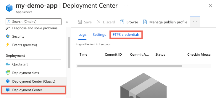 Muestra cómo puede seleccionar el panel FTP desde el centro de implementación en Azure App Services.