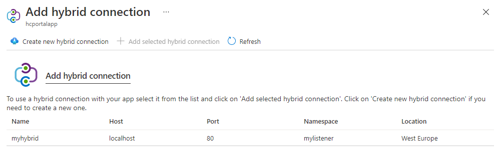 Screenshot of Hybrid Connection portal