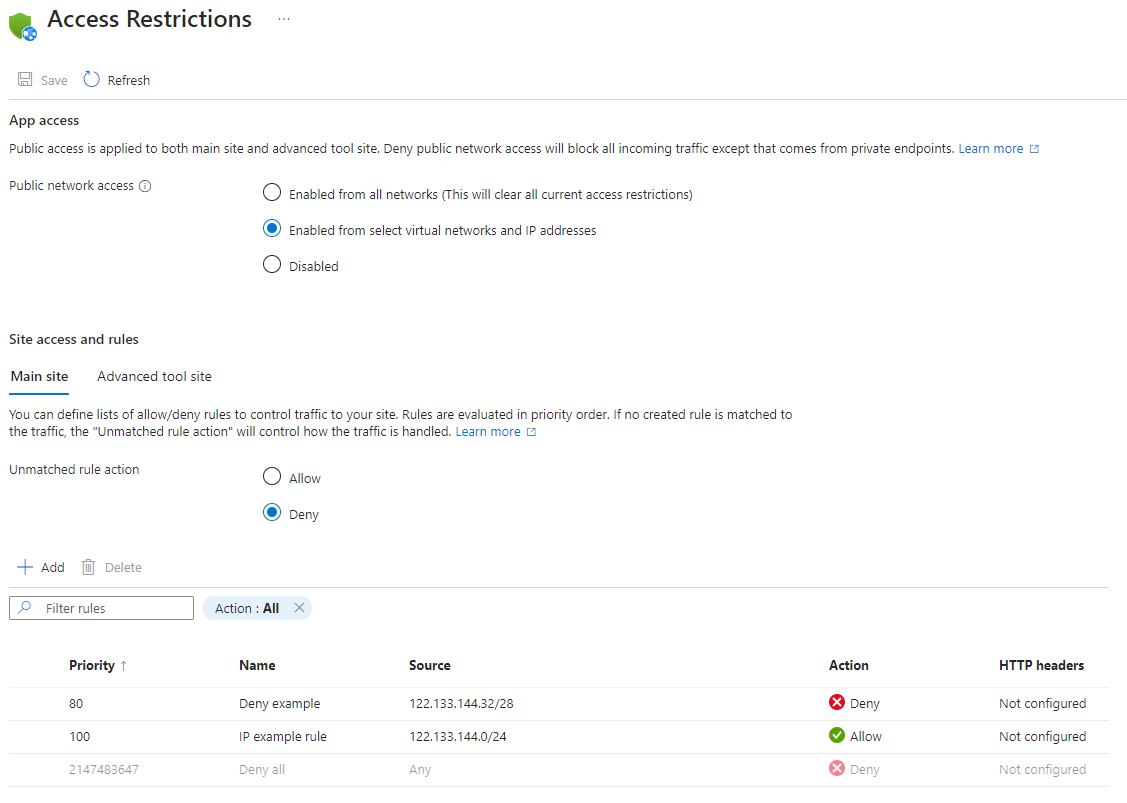 Screenshot of the Access Restrictions page in the Azure portal, showing the list of access restriction rules defined for the selected app.