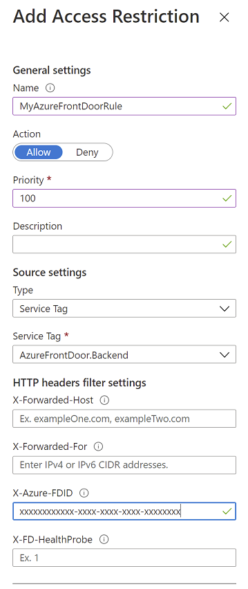 Screenshot of the 'Access Restrictions' page in the Azure portal, showing how to add Azure Front Door restriction.