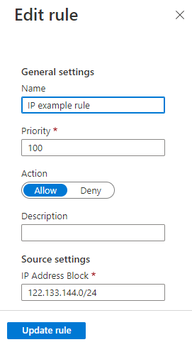 Captura de pantalla del panel &quot;Editar restricción de acceso&quot; de Azure Portal que muestra los campos de una regla de restricción de acceso existente.