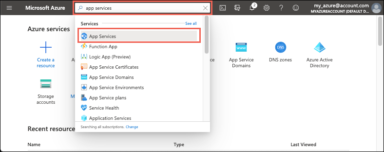Azure portal - Select App Services option.