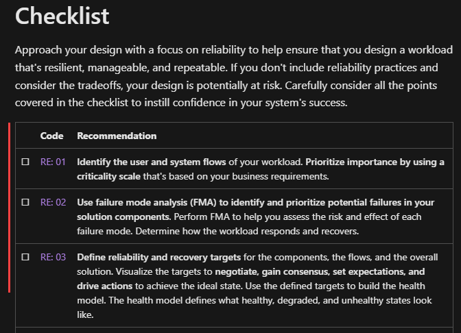 Captura de pantalla que muestra una lista de comprobación de Well-Architected Framework.