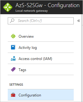Captura de pantalla que muestra la opción de configuración de puerta de enlace en una puerta de enlace de red local de Azure Stack Hub.