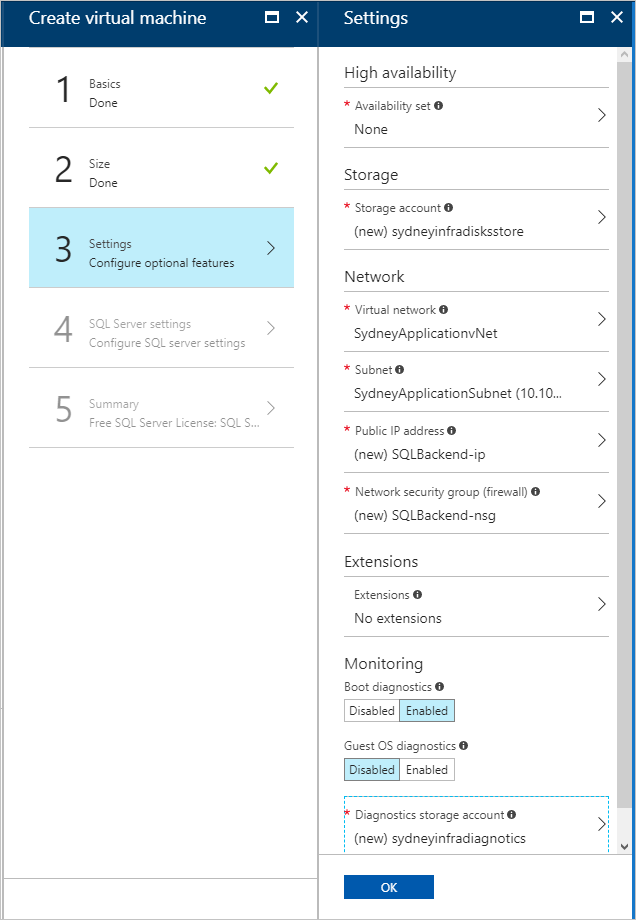 Captura de pantalla que muestra cómo configurar características opcionales de máquina virtual en el portal de usuarios de Azure Stack Hub.