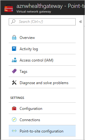 Captura de pantalla que muestra la opción de punto a sitio en una puerta de enlace de red virtual de Azure.