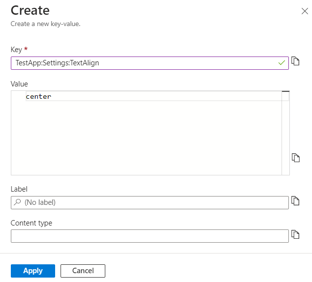 Captura de pantalla de Azure Portal en la que se muestran los valores de configuración para crear una clave-valor.