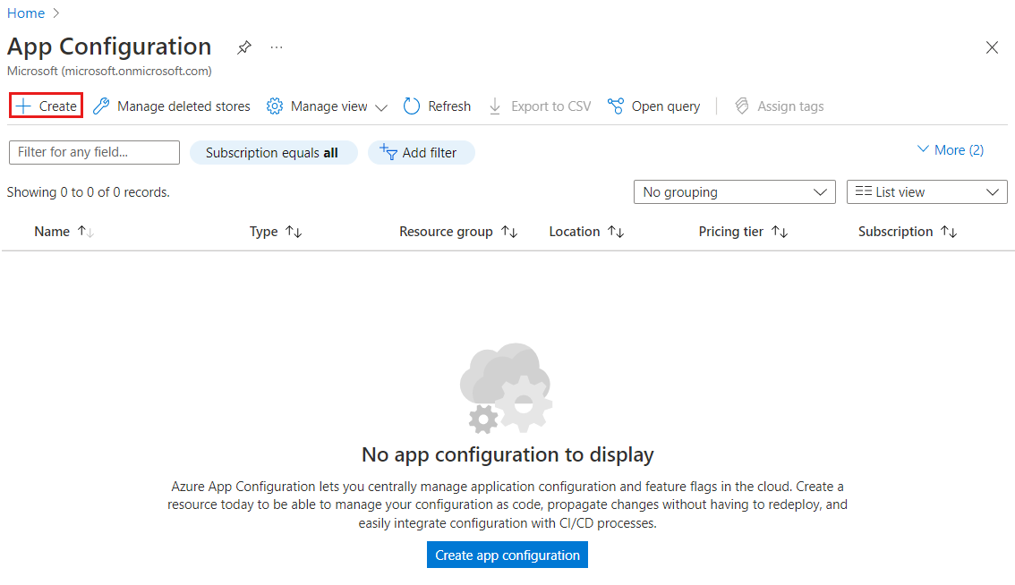 Captura de pantalla de Azure Portal en la que se muestra el botón para iniciar la creación de un almacén de App Configuration.