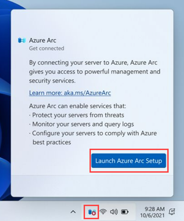Captura de pantalla que muestra el icono y la ventana de la bandeja del sistema de Azure Arc para iniciar el proceso de instalación de Azure Arc.