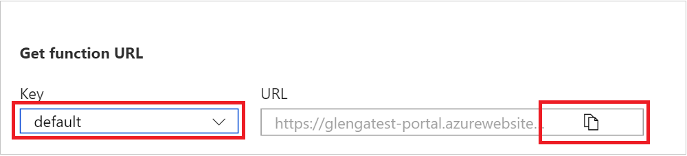 Captura de pantalla de Copiar la dirección URL de la función desde Azure Portal.
