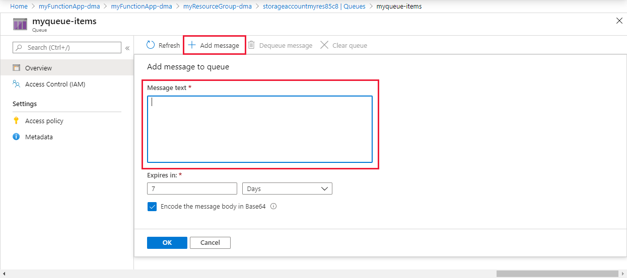 Captura de pantalla que muestra el botón Agregar mensaje seleccionado y el campo Texto del mensaje resaltado.