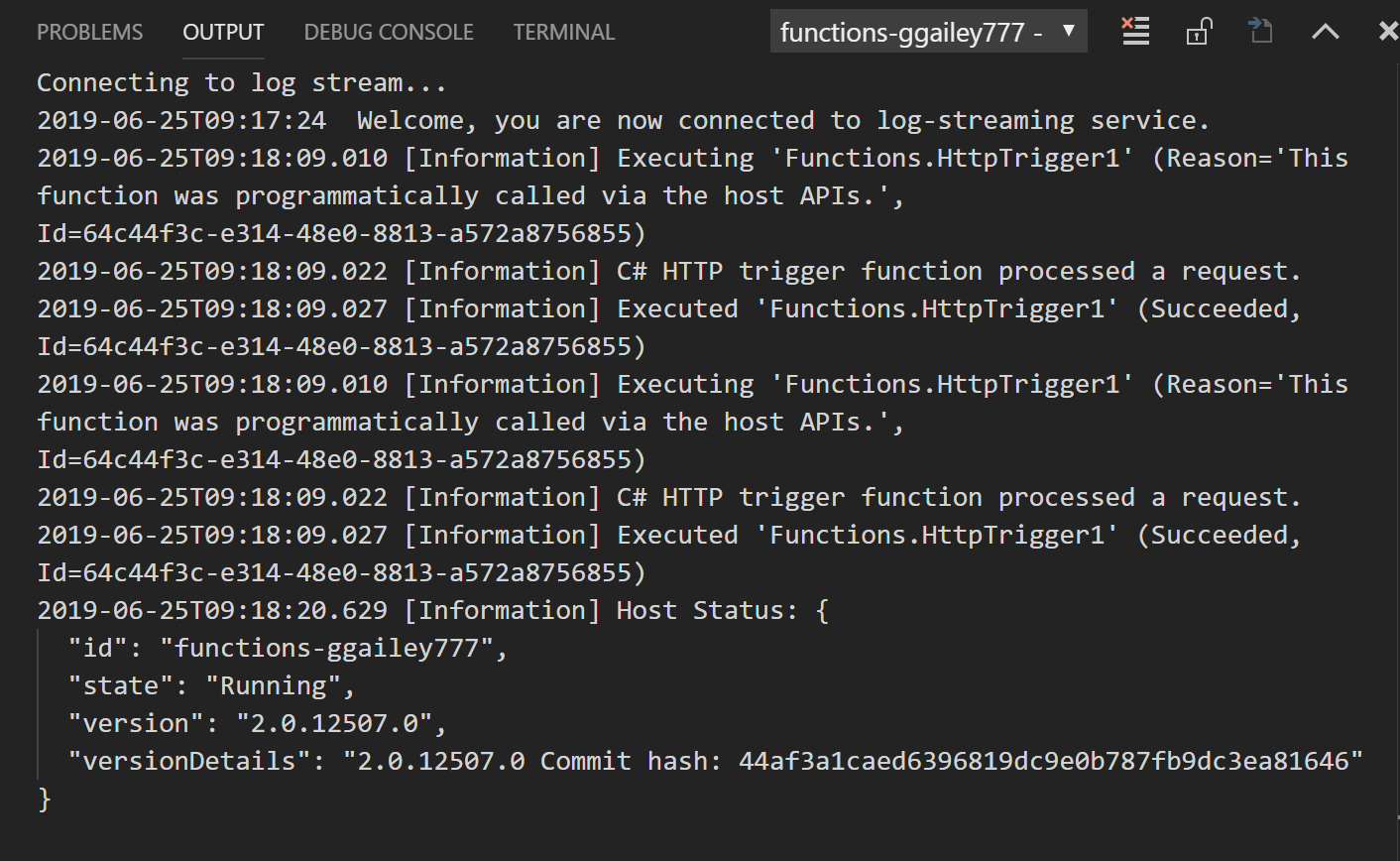 Captura de pantalla para la salida de registros de streaming para el desencadenador HTTP.