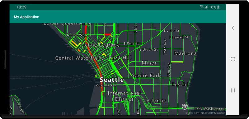 Mapa con líneas de carreteras codificadas por colores que muestran los niveles de flujo de tráfico