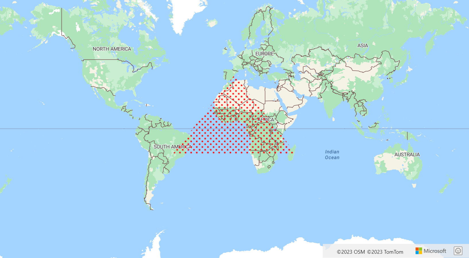 Instantánea de un mapa que muestra una capa de polígono mediante la plantilla de imagen de punto con un color principal rojo y un color secundario transparente.
