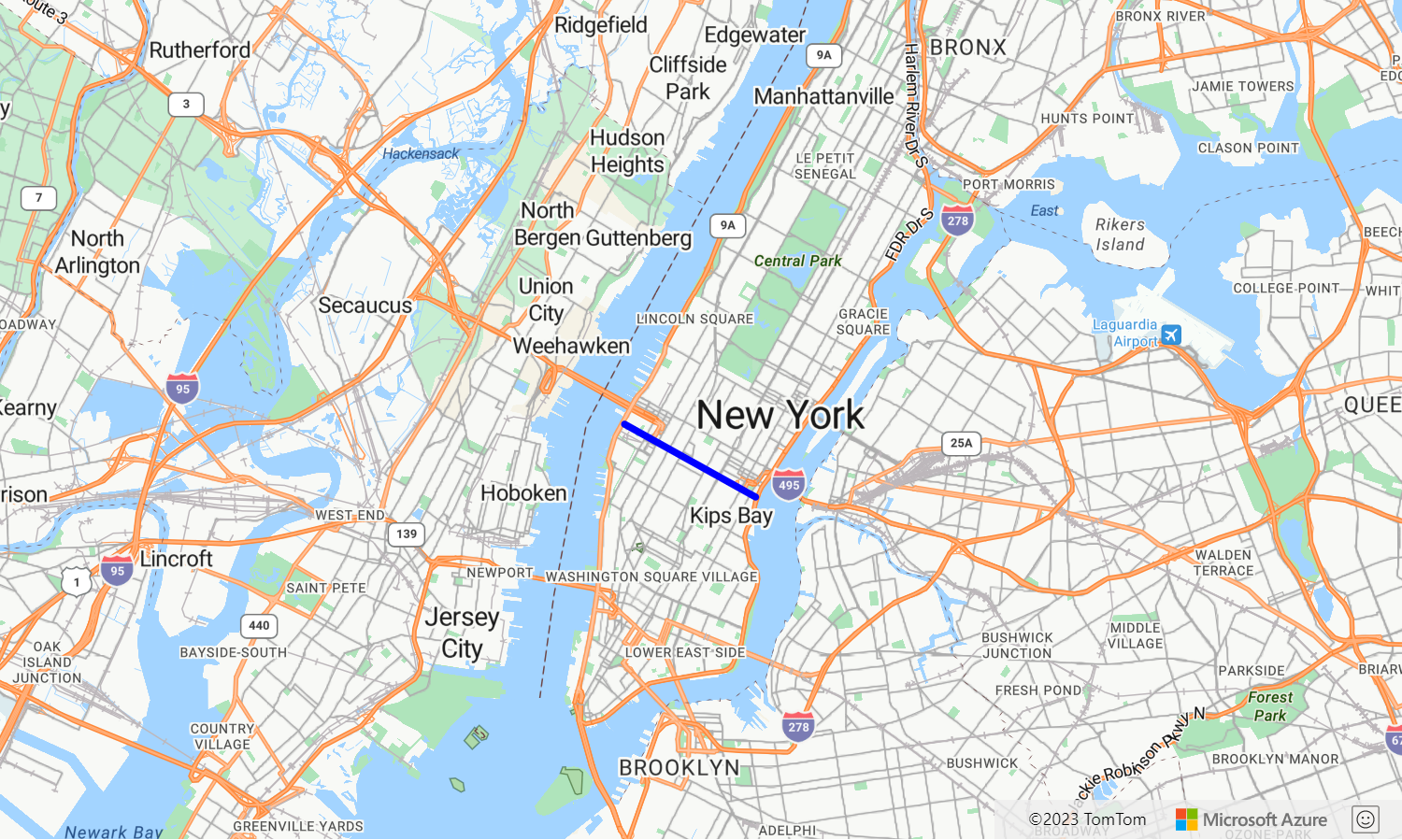 Captura de pantalla que muestra una capa de línea en un mapa de Azure Maps.