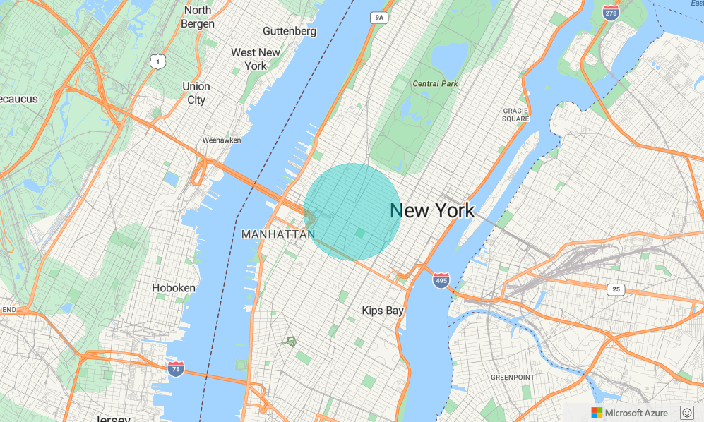 Captura de pantalla de un mapa mostrando un círculo verde parcialmente transparente en la ciudad de Nueva York. Esto demuestra cómo agregar un círculo a un mapa.