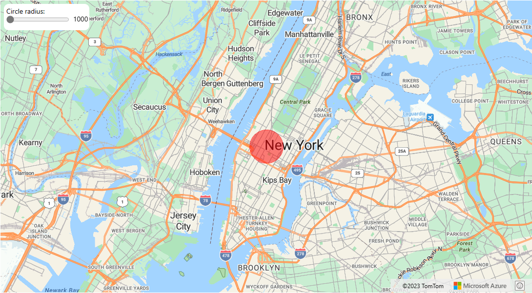 Captura de pantalla de un mapa que muestra un círculo rojo en la ciudad de Nueva York con una barra deslizante titulada Radio del círculo y, a medida que desliza la barra hacia la derecha o hacia la izquierda, el valor del radio cambia y el tamaño del círculo se ajusta automáticamente en el mapa.