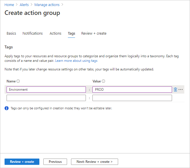 Screenshot of the Tags tab of the Create action group dialog box. Values are visible in the Name and Value boxes.