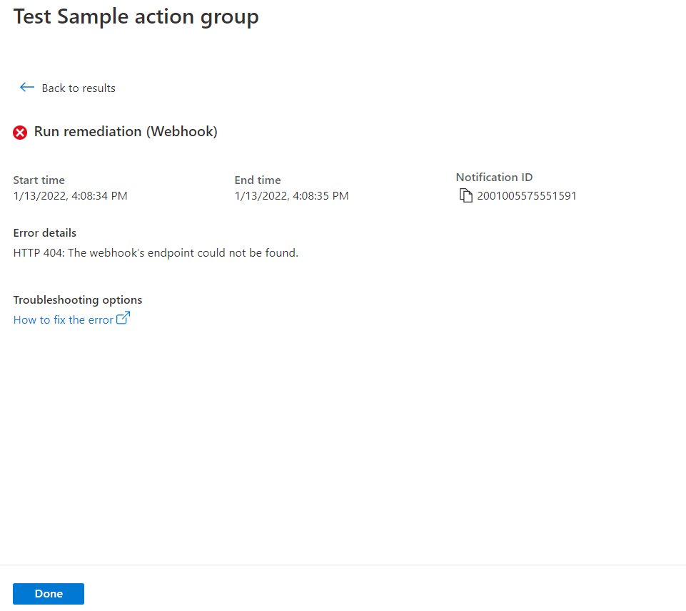 Screenshot of the Test sample action group page. Error details are visible, and a white X on a red background indicates that a test failed.