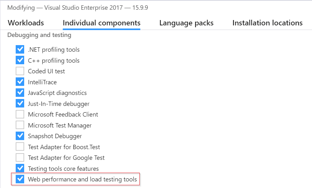 Captura de pantalla de la interfaz de usuario del instalador de Visual Studio con los componentes individuales seleccionados con una casilla situada junto al elemento de las herramientas de rendimiento Web y pruebas de carga.