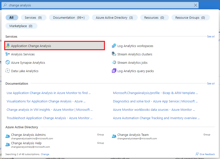 Captura de pantalla de búsqueda de Change Analysis en Azure Portal